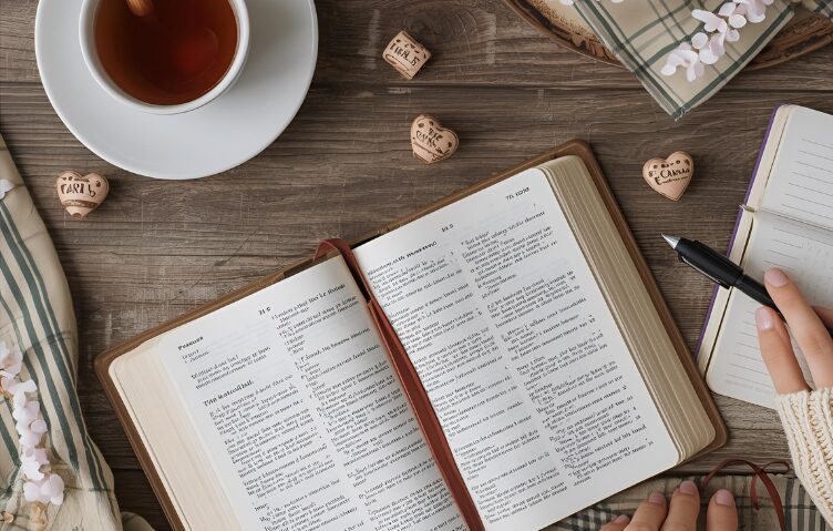 person writing in a journal while reading Bible