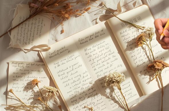 image of journal pages with hand poised to continue writing